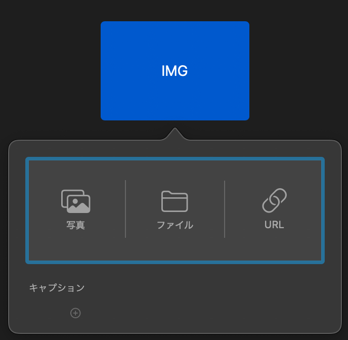 イメージを選択すると、写真、ファイル、URLから選べる